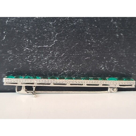 925 Sterling Silver Green Crystal Bar Brooch Vintage - Picture 7 of 10